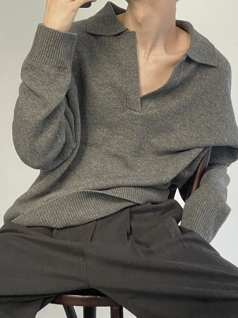 American Retro V-neck Solid Color Sweater