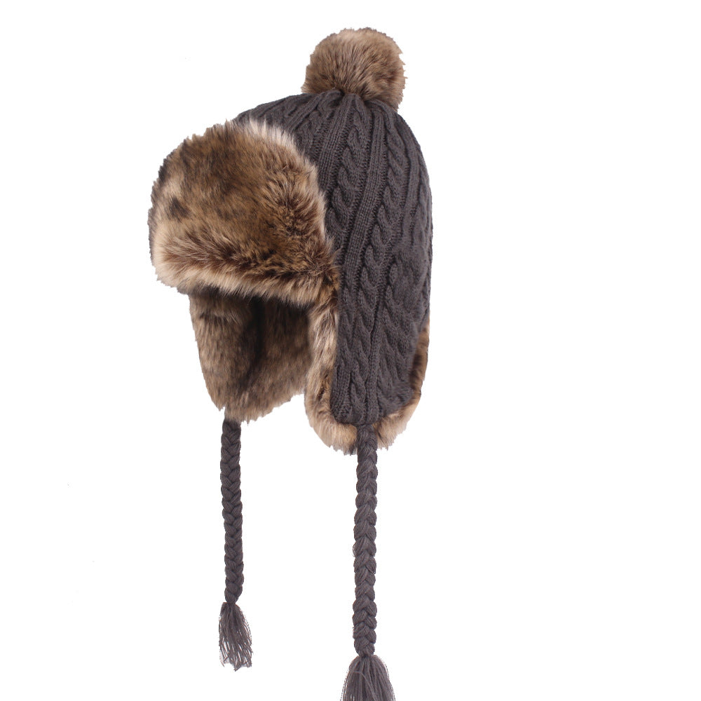 Ladies Rabbit Hair Ball Thread Hat Thickened Windproof Ear Protection