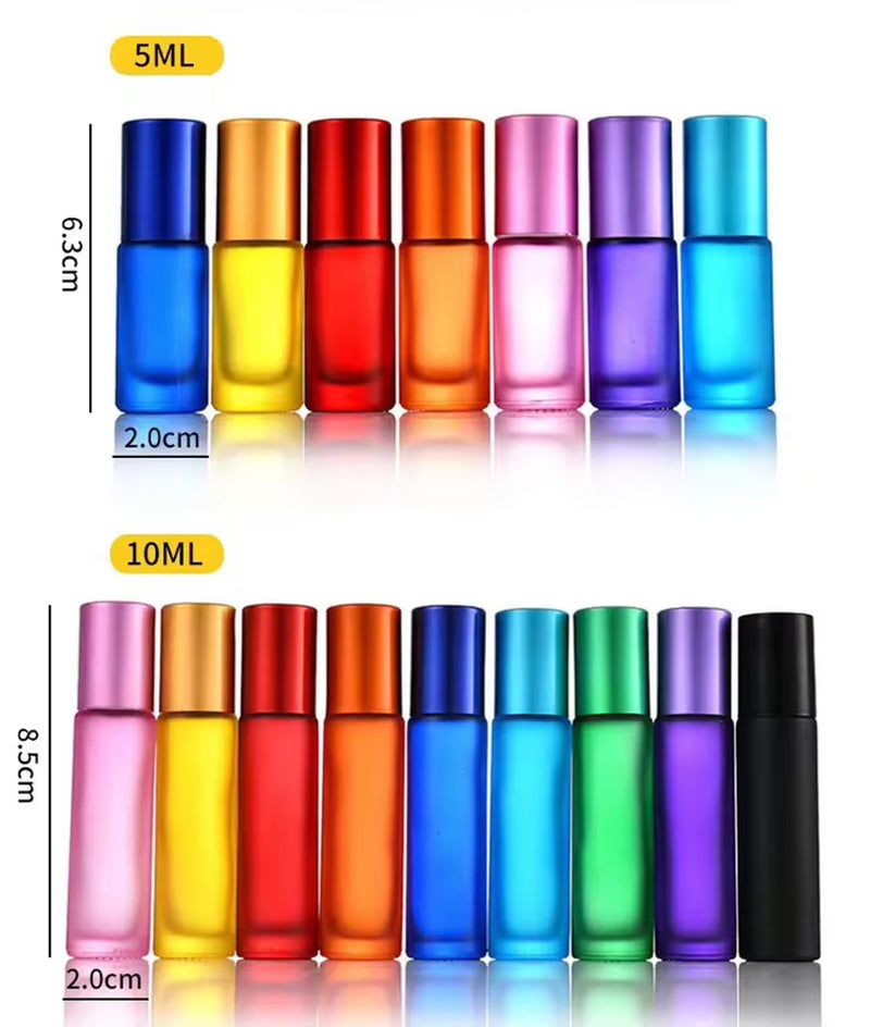 5Pcs 5/10Ml Portable Frosted Glass Essential Oil Roller Bottles Mini Refillable Roll on Vials W/ Opener Funnels for Aromatherapy