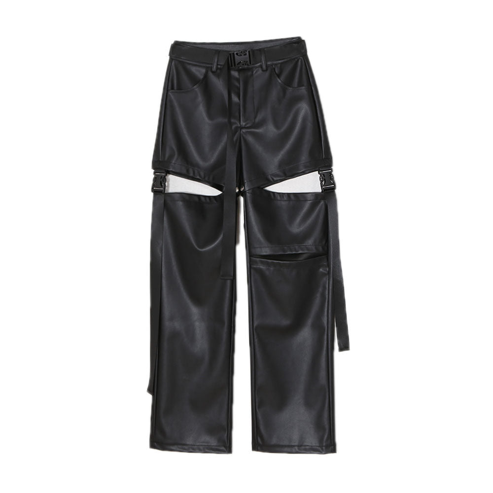 Women's Fashion Simple High Waist Straight Detachable Hole Leather Pants