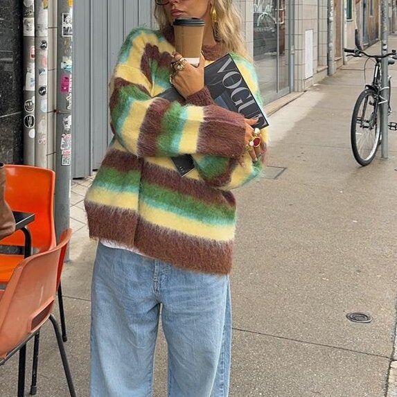Women's New Color Round Neck Striped Knitted Sweater Fashion Loose