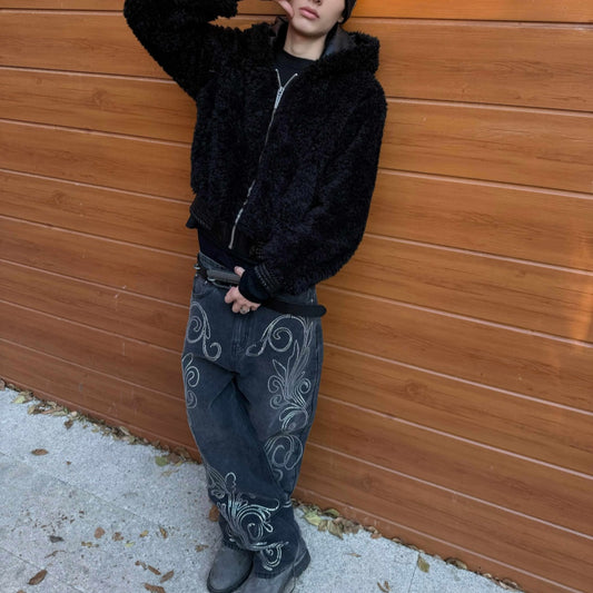 Artificial Fur Fleece Hooded Jacket With Leather Trim