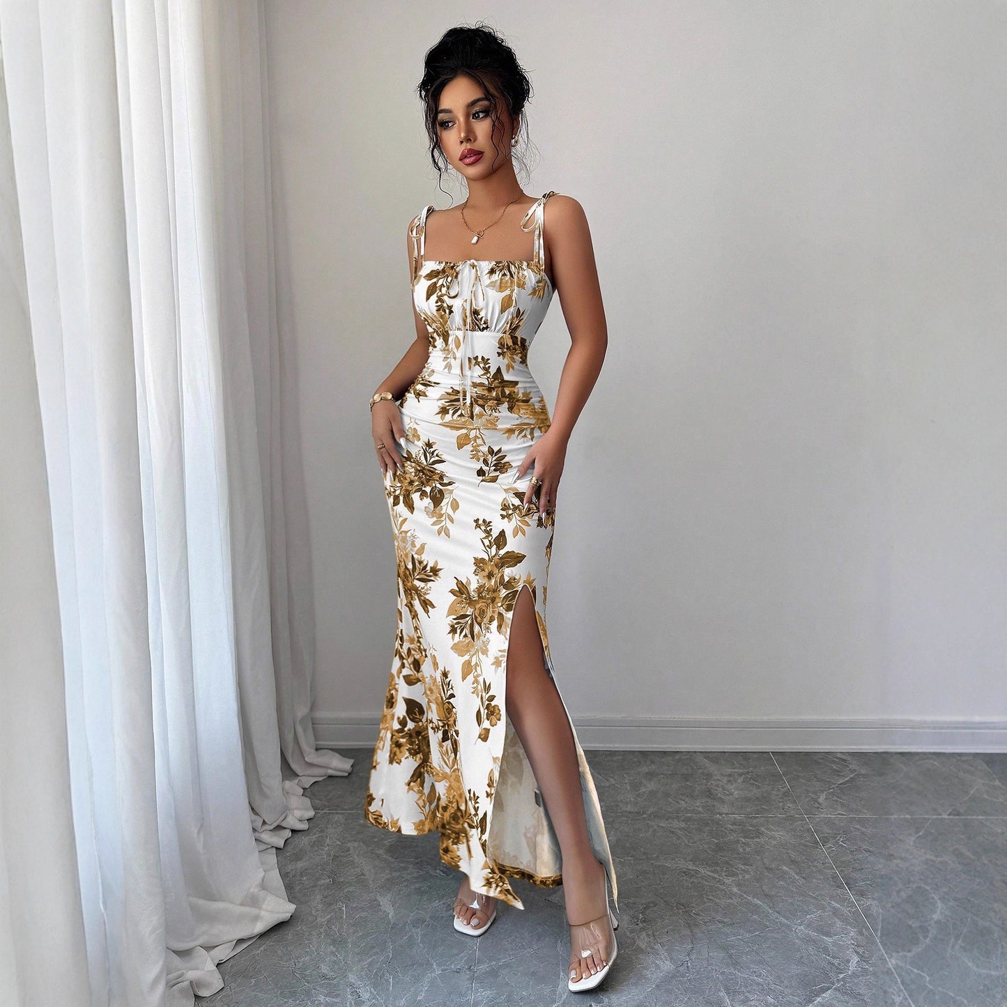 Printed Slip Dress, High-waisted Floral Maxi Dress