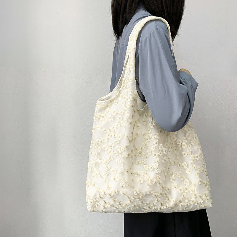 Embroidery Canvas Minimalism Flower Laced One-shoulder Bag