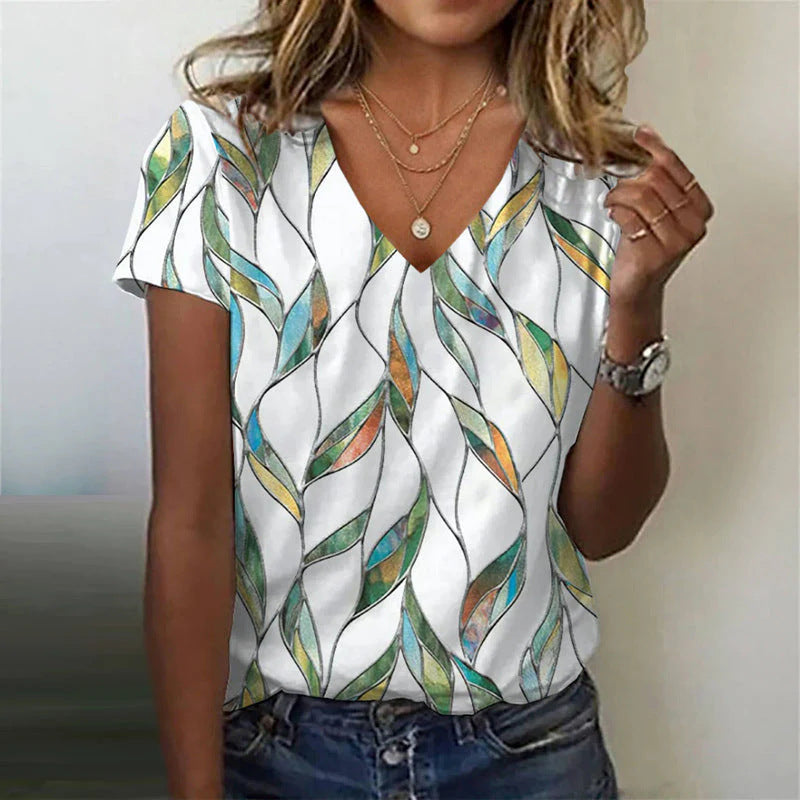New Springsummer Womens Printed V Neck TopT Shirt