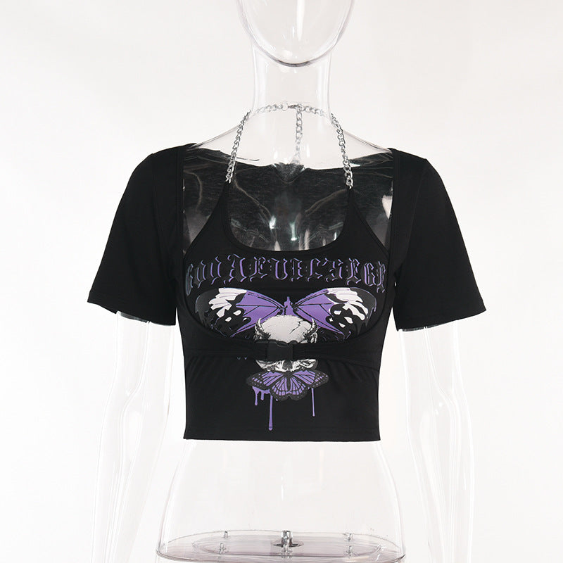 Women's Dark Butterfly Print Chain Sling Body Top
