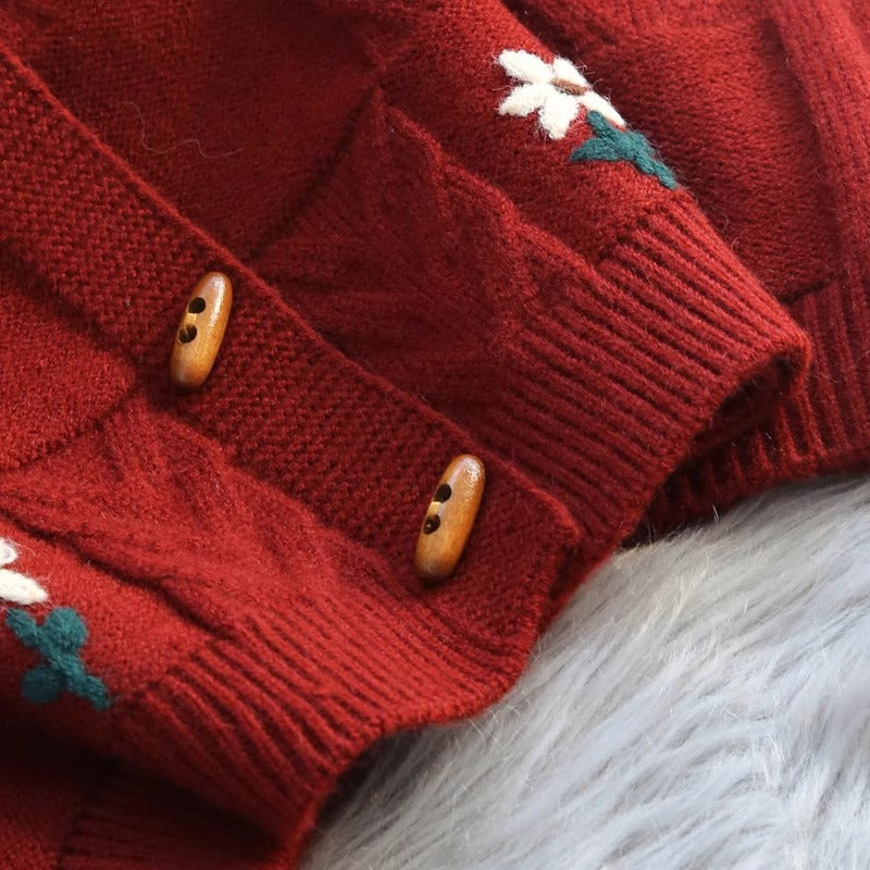 Retro Machine Embroidery Cable-knit Sweater Coat