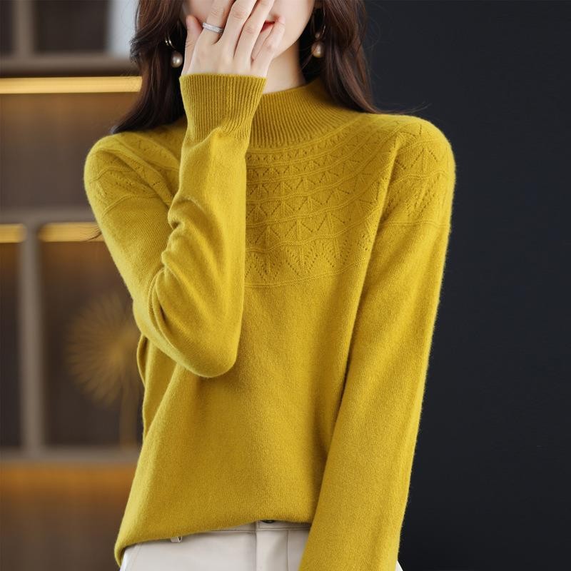 Hollow Wool Base Shirt Women's Clothing Half-collar Wool Sweater