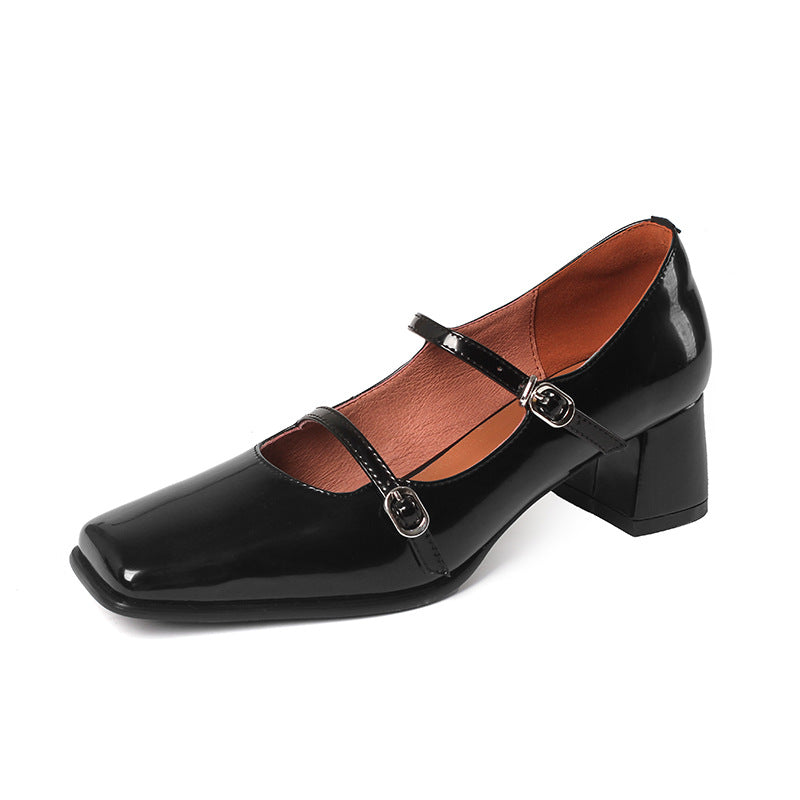 Square Head Women's Medium Thick Heel Buckle Banquet Shoes