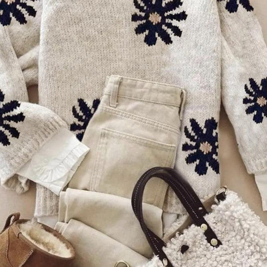 Womens Versatile Jacquard Crew-Neck Knit Top