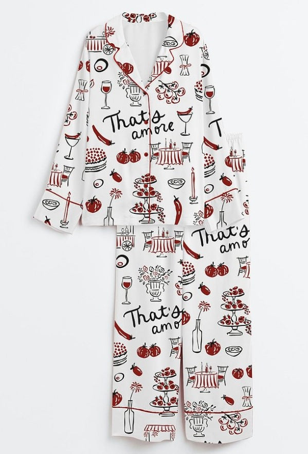Fashionable Long-sleeve Printed Lapel Loungewear Pajamas