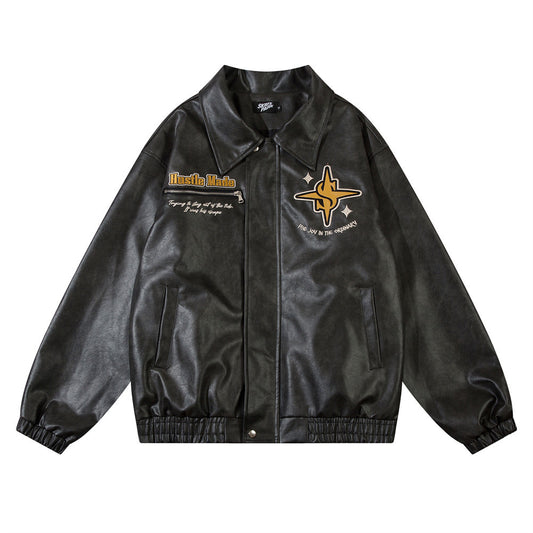 European And American Letters Embroidered Lapel Loose Leather Coat