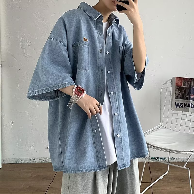 Denim Shirt Men's Short Sleeve Shirt Baggy Coat