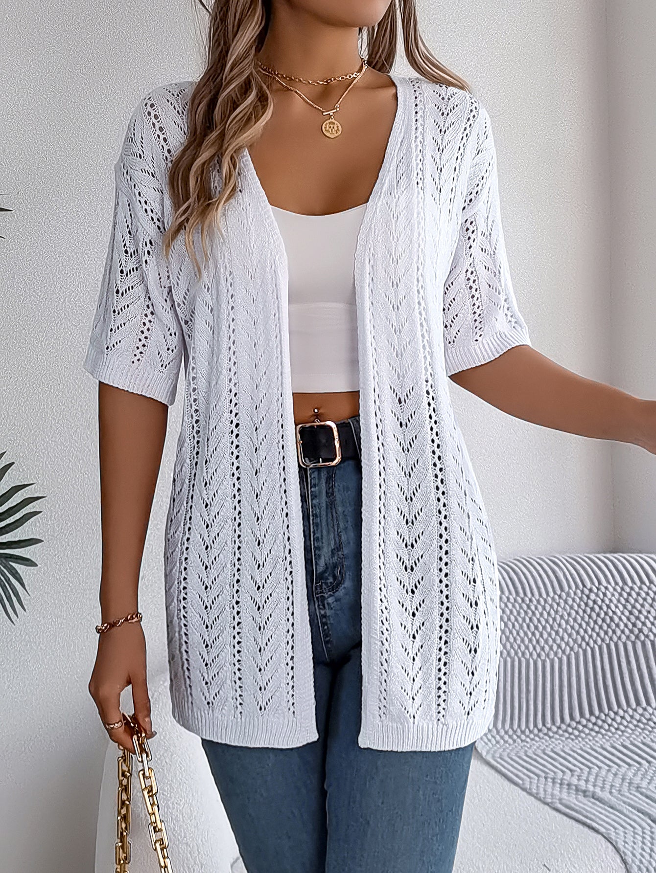 Women S Solid Color Hollow Out Short Sleeve Knit Cardigan Cover-Up