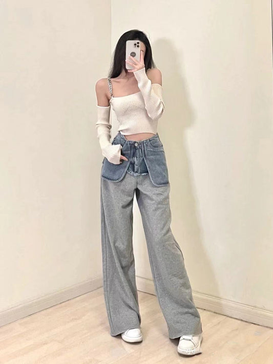 Women's Stitching Denim High Waist Casual Sports Pants