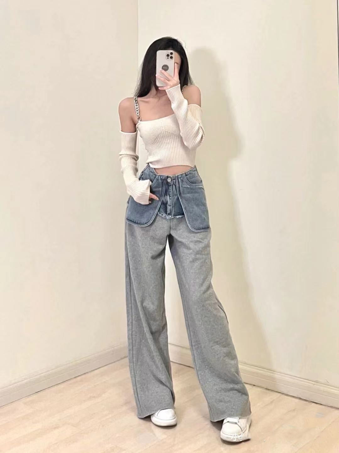 Women's Stitching Denim High Waist Casual Sports Pants