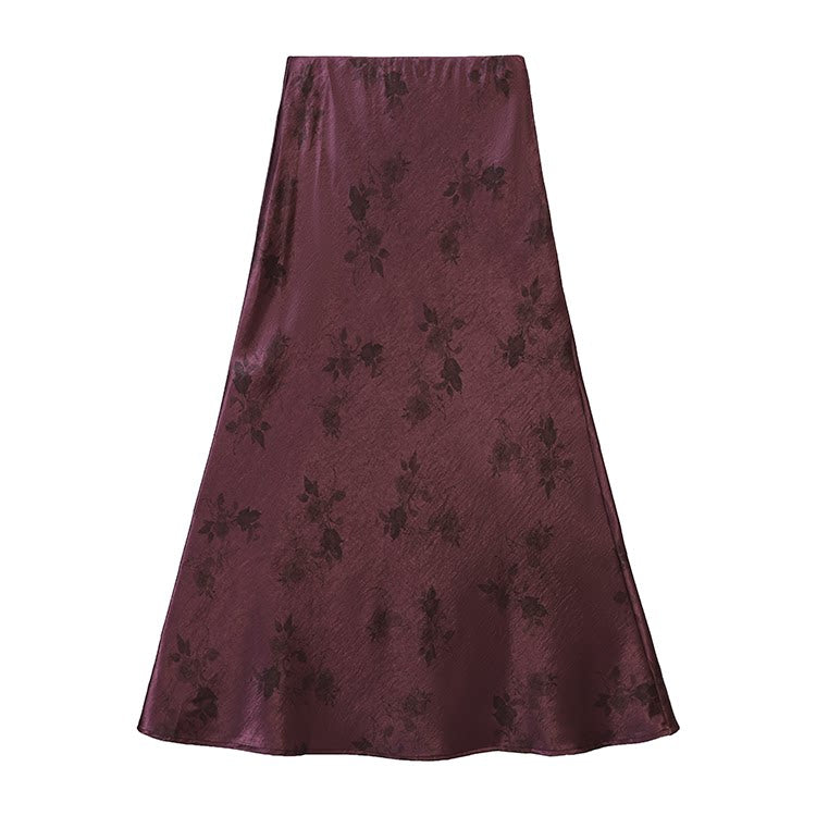 Rose Printed Satin A-line Skirt
