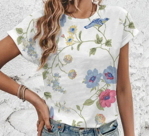 Dame T-shirt med rund hals og korte ærmer med 3D-blomsterprint