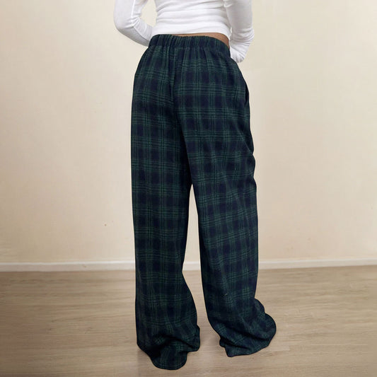 Women's Casual Plaid Trousers Elastic Waist Casual Pants