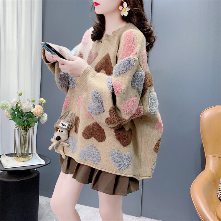 Gentle Younger Sweet Tridimensional Puppy Round Neck Sweater Women's Autumn And Winter New Loose Heart Knitted Top