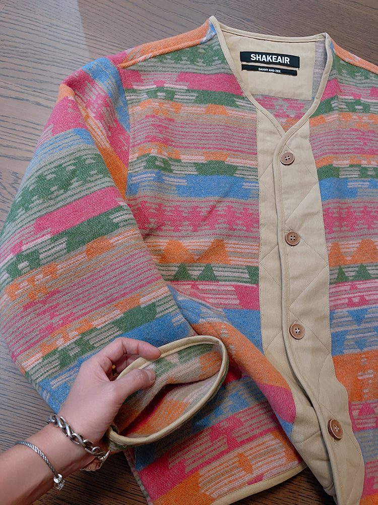 Retro Loose Ethnic Style Contrast Color Woolen V-neck Buttons Rainbow Jacket For Men