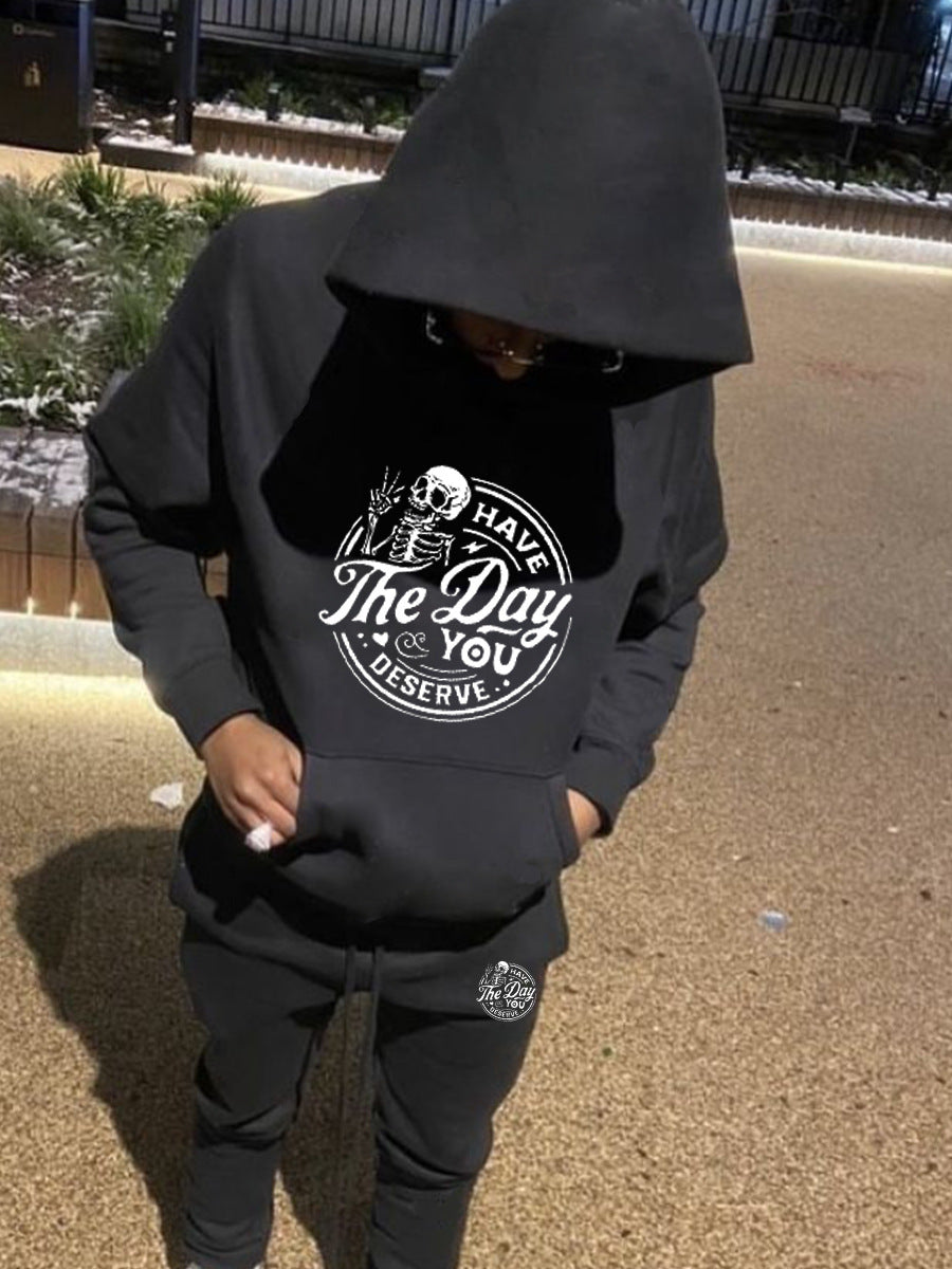 Black Polyester Casual Hooded Sweater Set