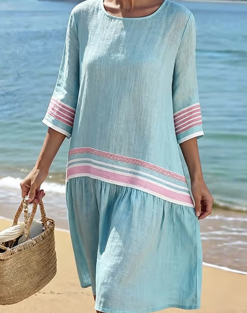 Women'S Casual Color-Block Cotton And Linen Dress
