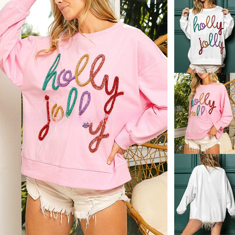 Strikket julesweater med bogstaver, rund hals, lange ærmer og løs pasform