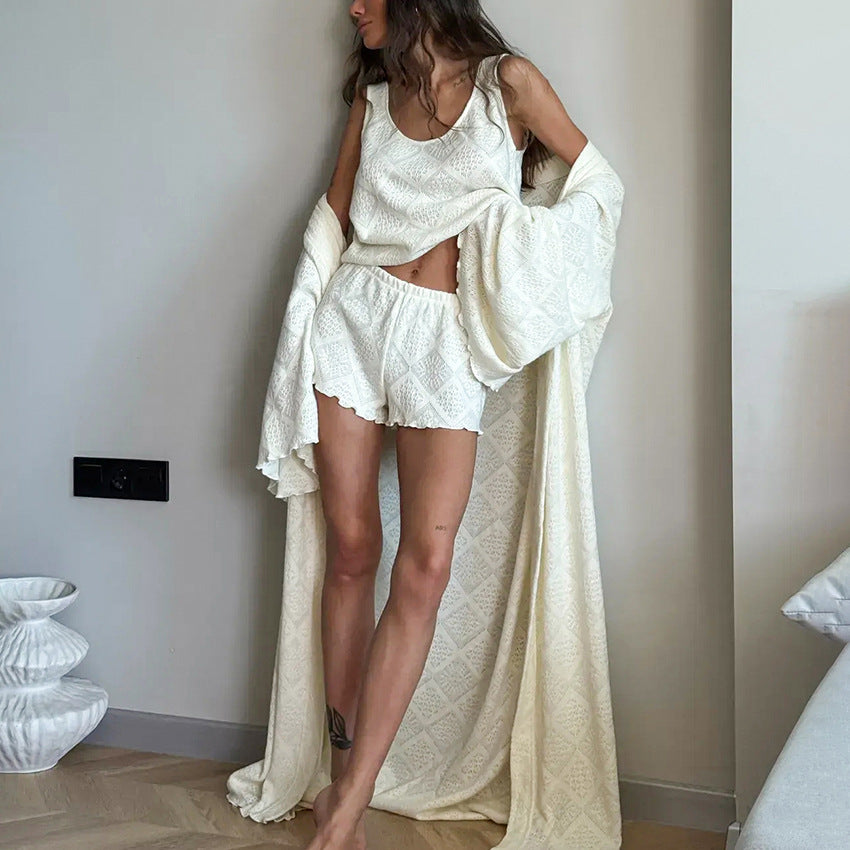 Womens Knitted Jacquard Hollow-Out Nightgown Camisole And Shorts Three-Piece Set