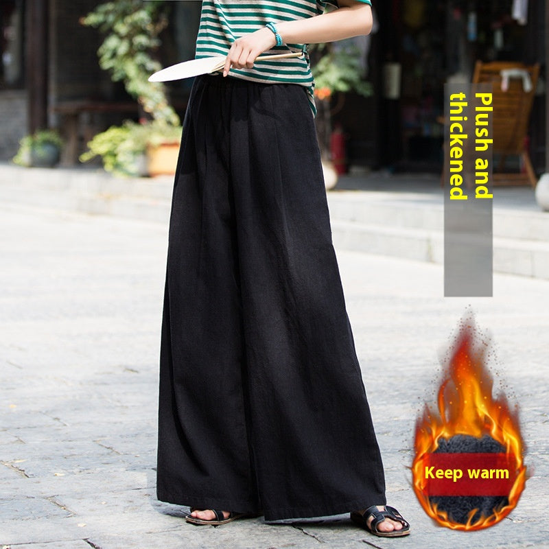 Kvinders bomuld- og hørstonewashed kunstneriske all-match wide leg bukser
