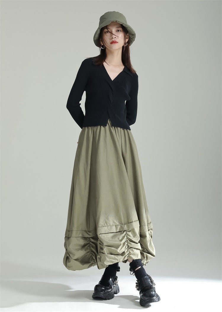 Pleated Bud Solid Color Umbrella Skirt