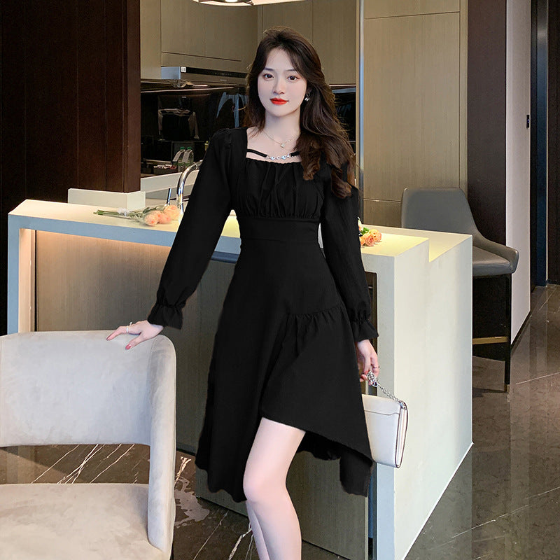 French Vintage Square Neck Temperament Irregular High Waist Slim Dress