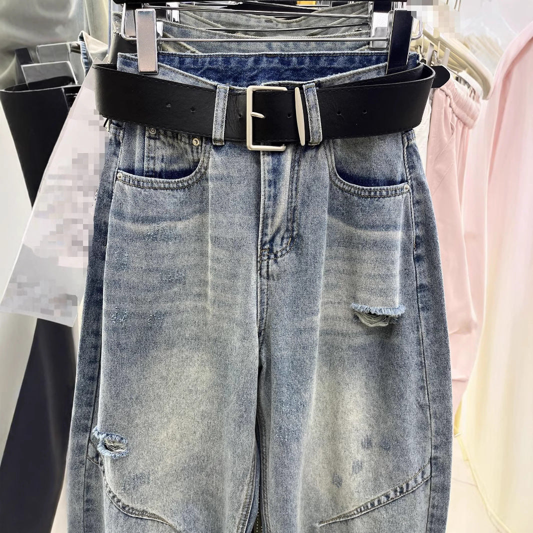 Cropped Straight High Waist Slimming Holes Wide-leg Pants