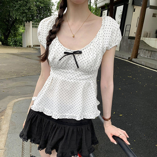 Hong Kong Style Retro Chic Red Polka Dot Bow Short Sleeve