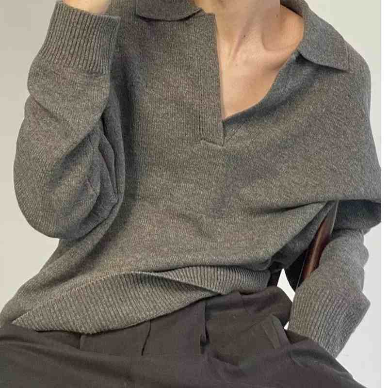 American Retro V-neck Solid Color Sweater