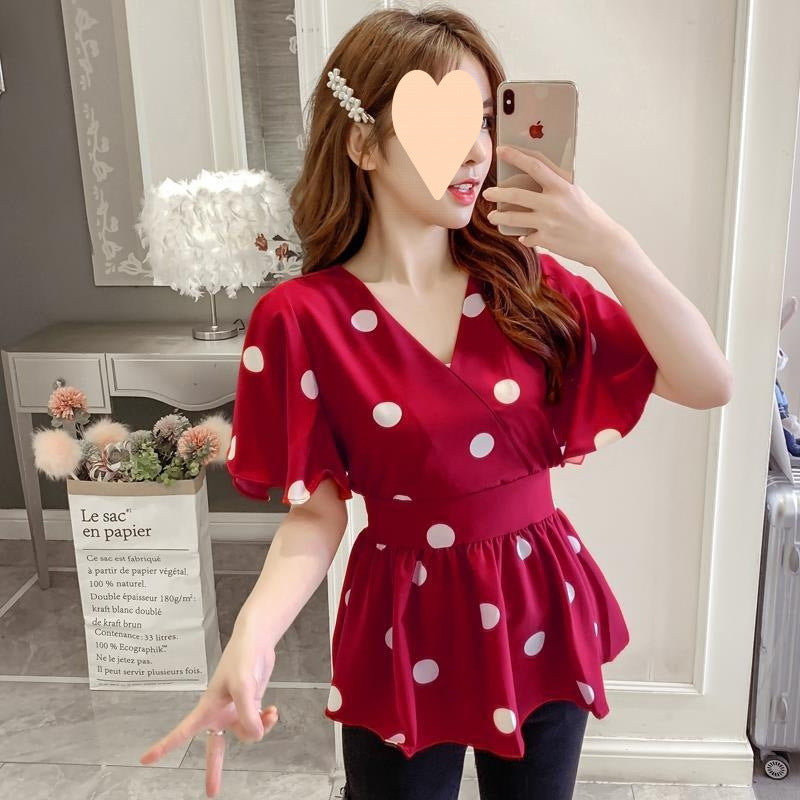 Women's Casual Polka Dot Graceful Collar Lace-up Waist Trimming Shirt