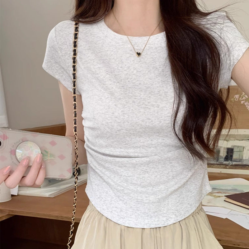 Solid Color Pleated Slim-fit Irregular Design Short Round Neck Top