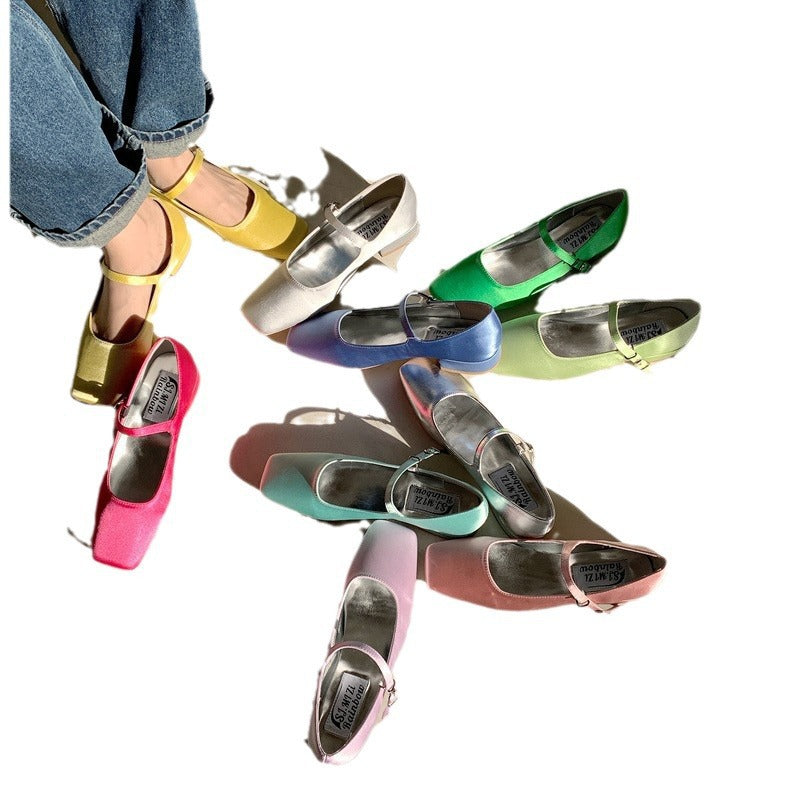 French-style Vintage Square-toe Satin Granny Shoes With A Buckle Strap