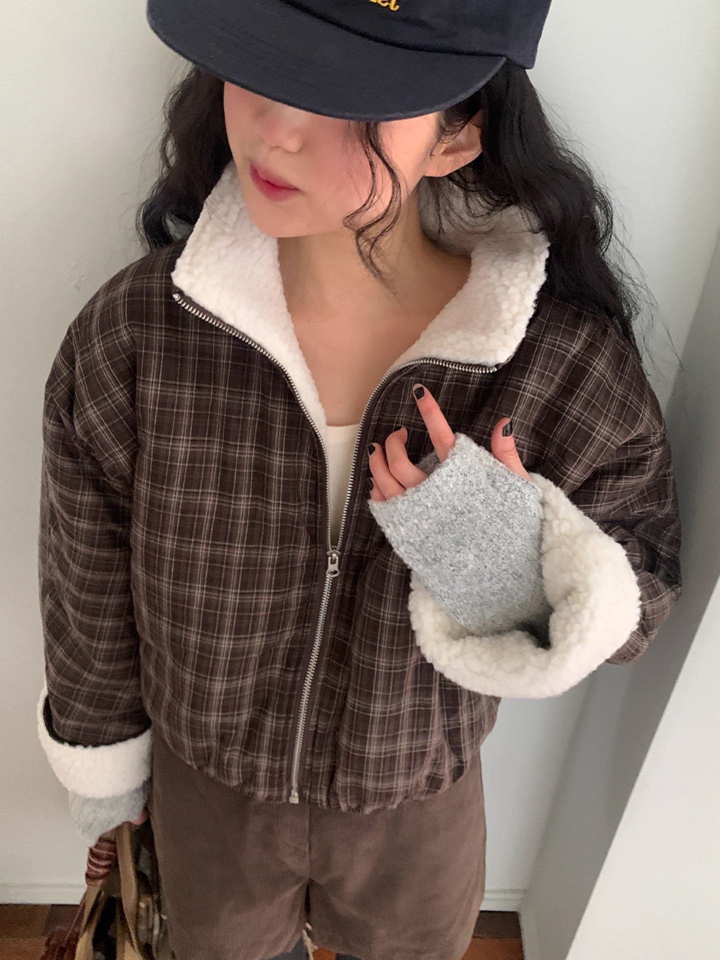 Women's Long-sleeved Lamb Wool Plaid Cotton-padded Jacket