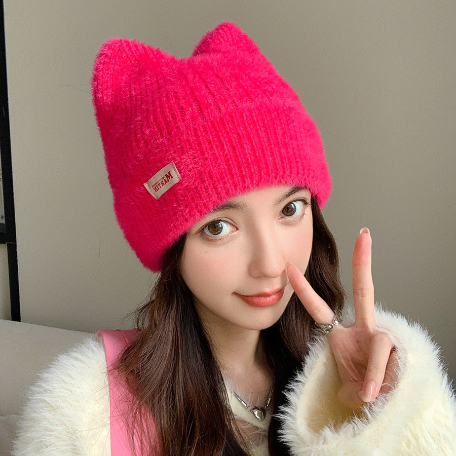 Winter Mink Cat Ears Plush Girl's Cap Warm Ear Protection Knitted Hat