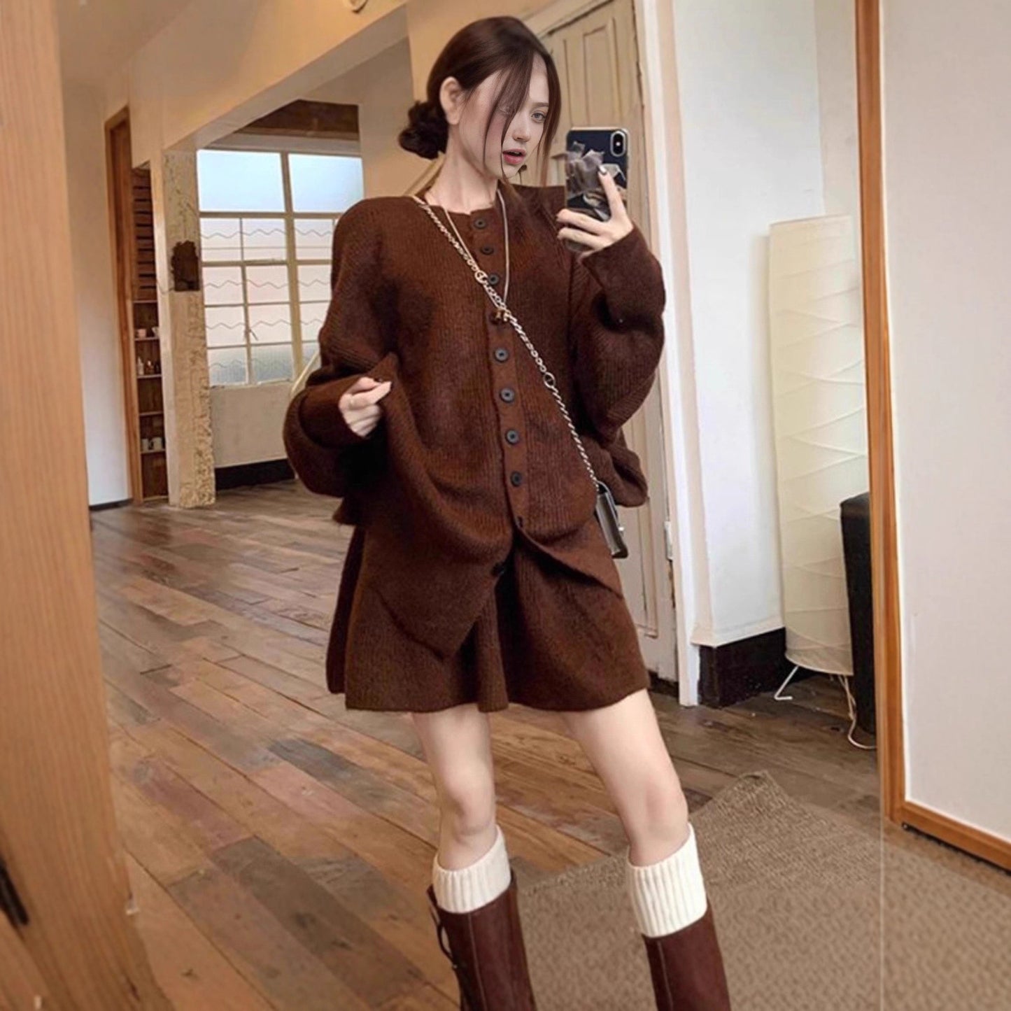 Womens Knitted Two-piece Set Solid-color Skirt And Sweatercardigan Jacket