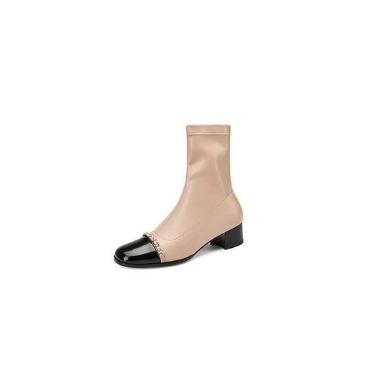 Women's Full Leather Thick Heel Comfortable Round Toe Short Boots