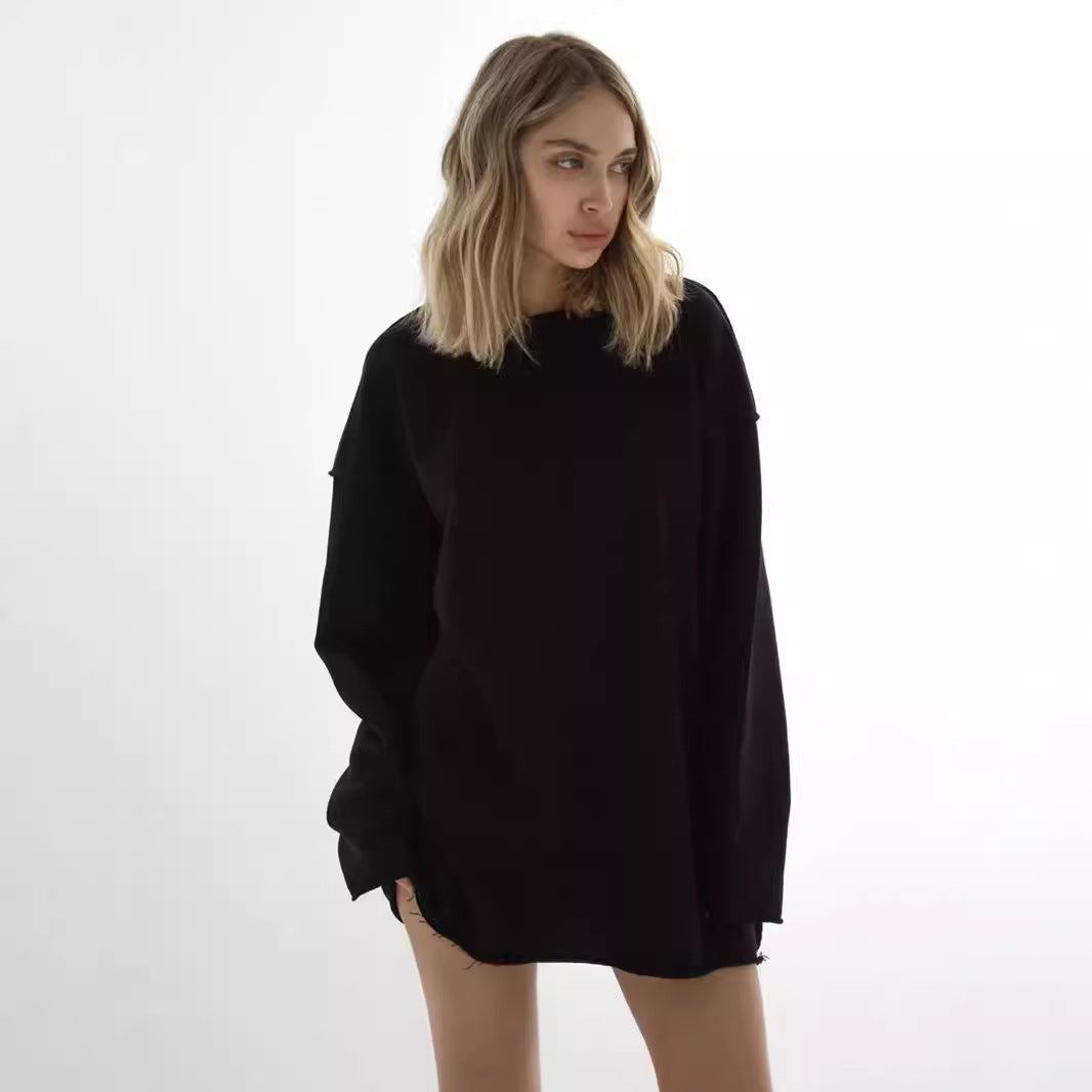 Afslappet ensfarvet langærmet sweatshirt med rund hals