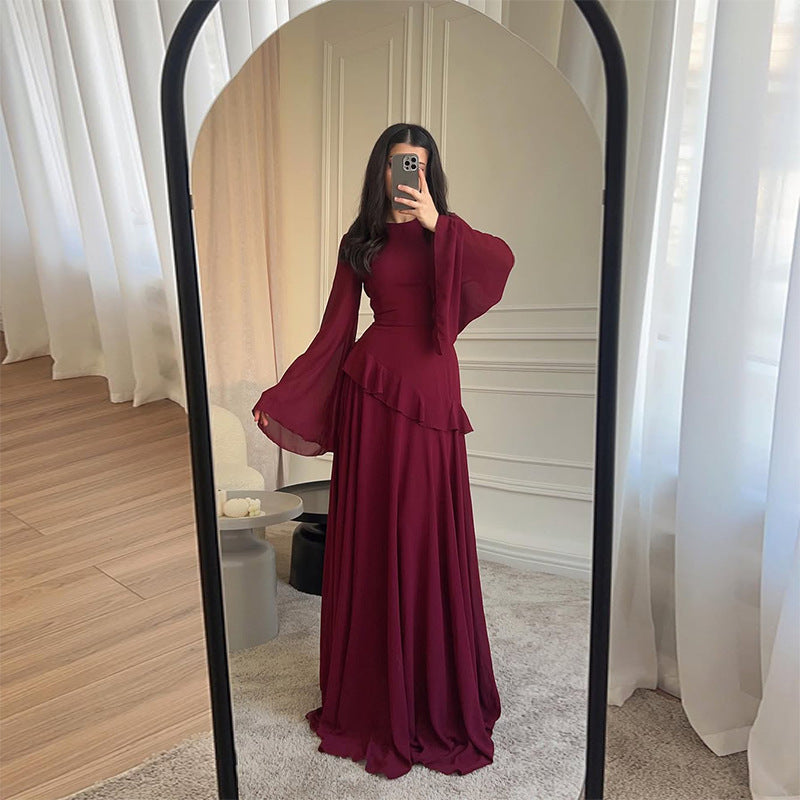 Women's Crew Neck Slim-fit Long-sleeve Dress