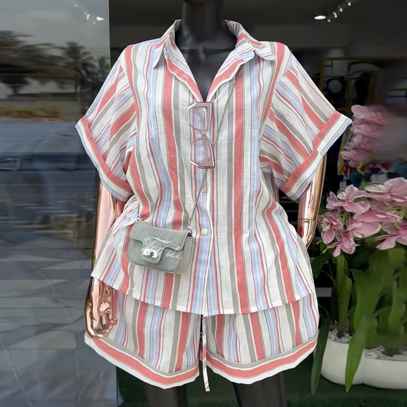 Notch-collar Striped Short-sleeve Shirt And Lace-up Wide-leg Shorts Set
