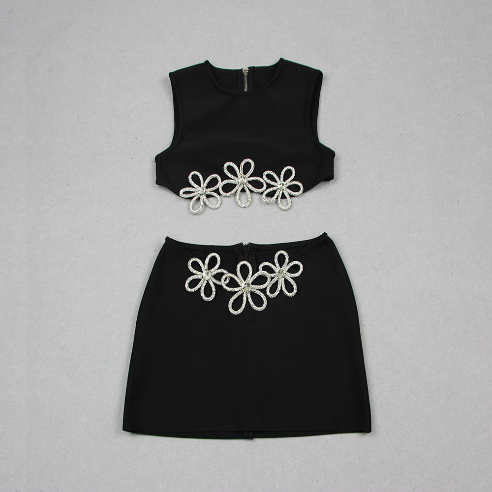 Women's Fashion Cutout Sleeveless Rhinestone Top Skirt Suit Bandage