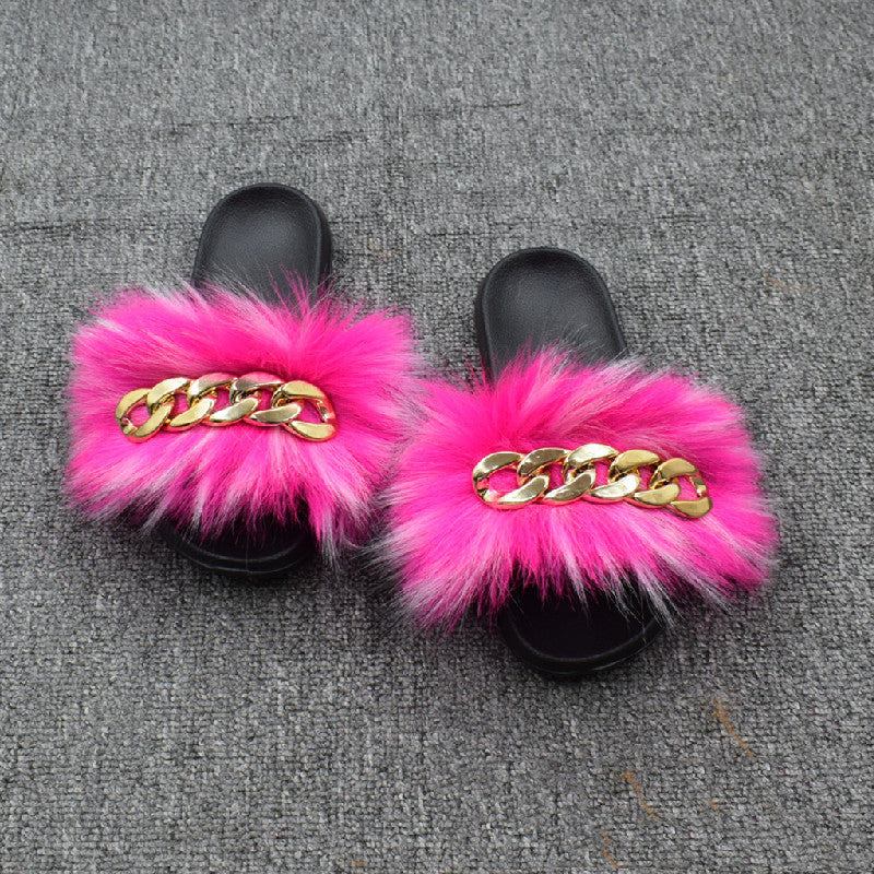 Fur Fur Slippers Chain Faux Fur Flip Flops