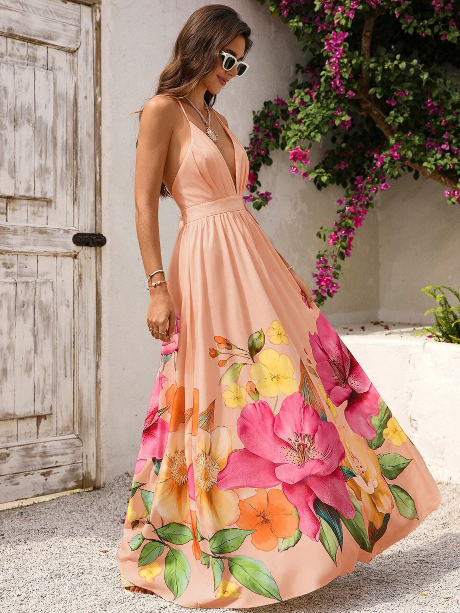 Bohemian Slip Dress With Deep V Neck And Positional Print