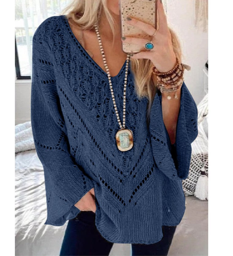Women's Solid Color Cutout V-Neck Flared Sleeve Knit Sweater