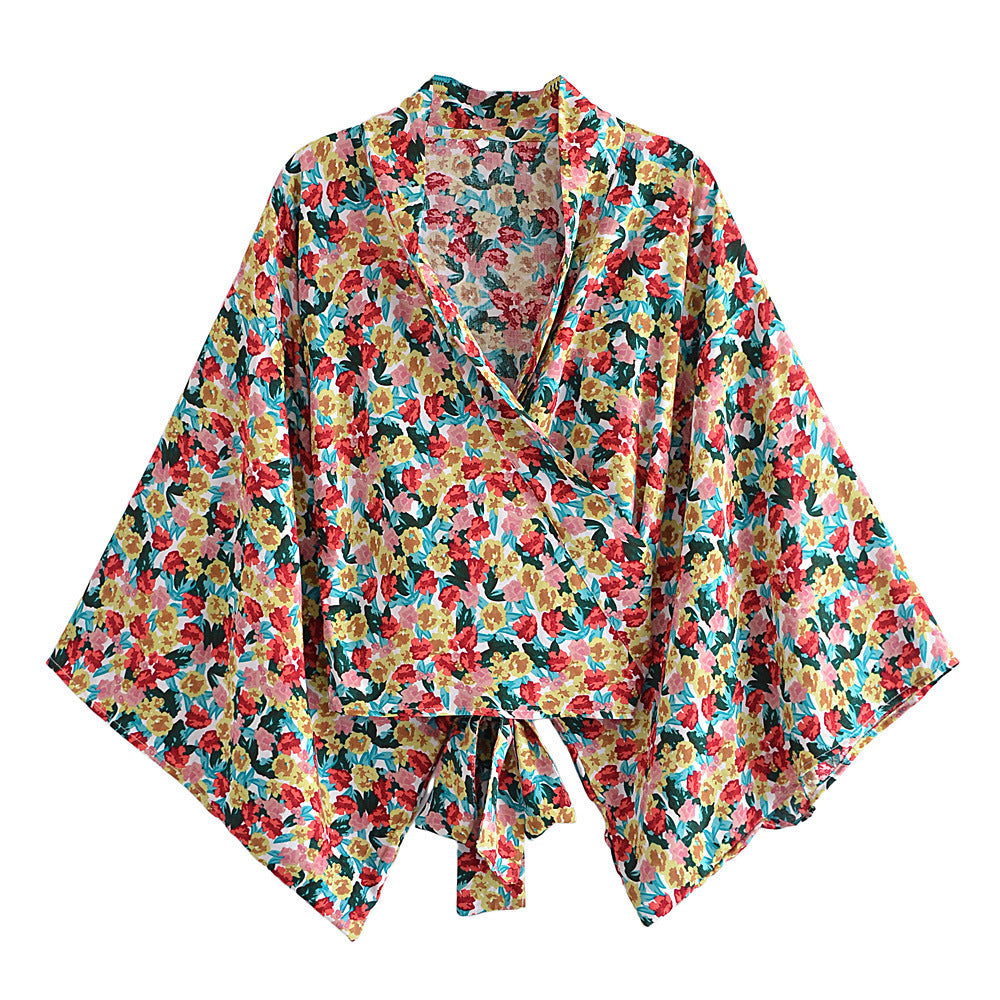 Printed V-neck Batwing Sleeve Blouse